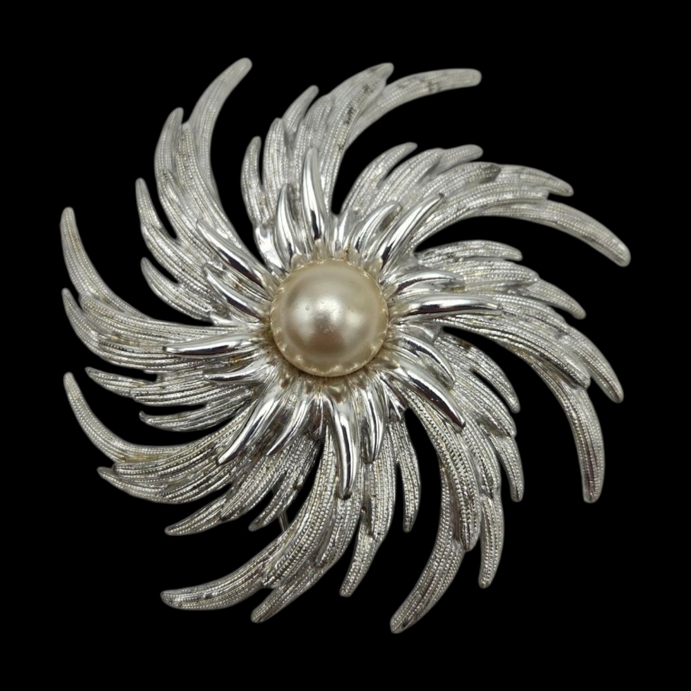 VTG Sarah Coventry Silver Faux Pearl Brooch Large Piece Starburst Spiral Floral